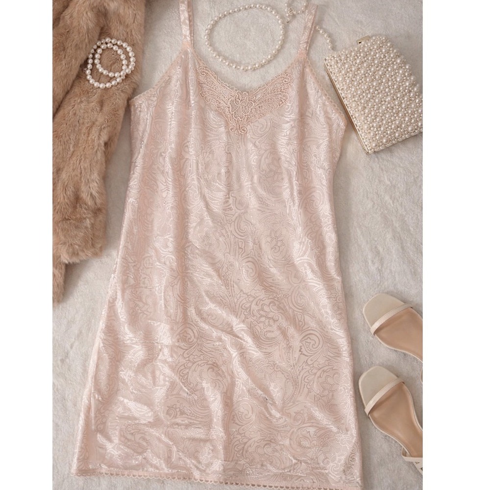 Vintage Y2K Pale‎ Pink Satin Gown Slip Dress S/M Lace Trim Paisley Mini Coquette